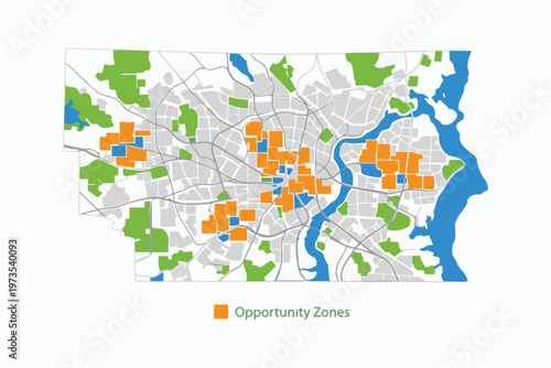 Geographic map highlighting opportunity zones in a metropolitan area with waterways Vector