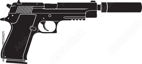 Black pistol vector, handgun illustration, firearm outline, silencer attachment