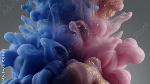 Vibrant blue pink ink with gold glitter swirling in water