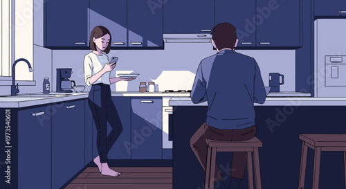 Couple in a kitchen with morning light, one person using a phone, the other sitting at a counter
