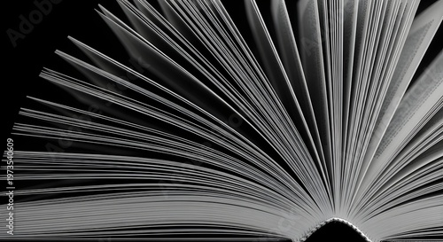 An open book with pages fanned out creating a dynamic radial pattern against a dark background