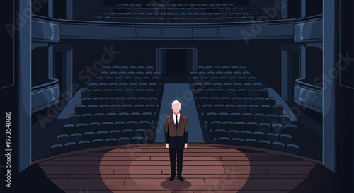 An elderly man stands alone on a dimly lit stage, facing an empty auditorium, conveying solitude and reflection