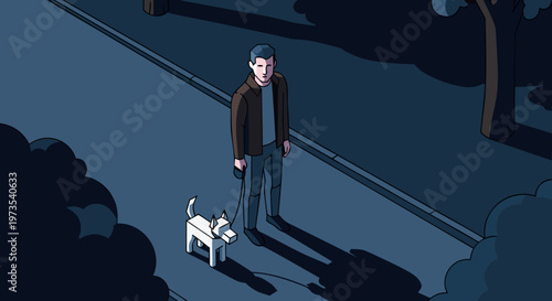 A lonely man with his dog walking at night under the shadow of trees