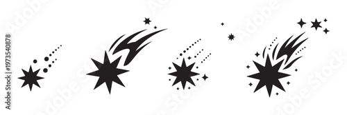 Abstract starburst comet icons with sharp points and cosmic dust trails for celestial design and space art.