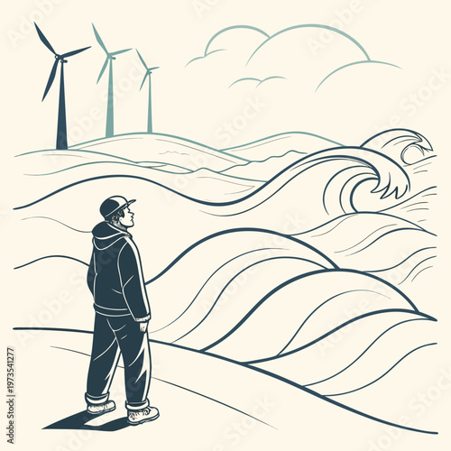 A contemplative figure stands observing a stylized landscape featuring wind turbines and rolling ocean waves under a cloudy sky