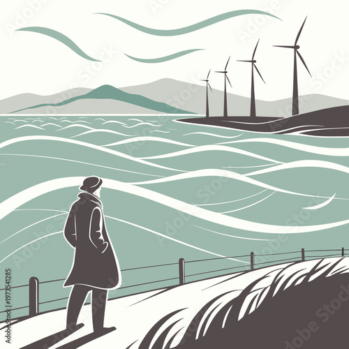 A solitary figure contemplates a landscape featuring wind turbines a body of water and rolling hills under a breezy sky
