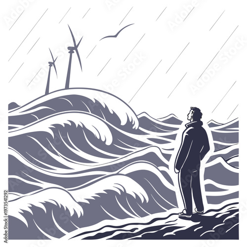A solitary figure stands gazing out at a stormy seascape featuring wind turbines and crashing waves under a rainy sky