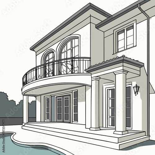A detailed illustration depicts a stately two story home with classical architectural elements and a modern swimming pool in the foreground