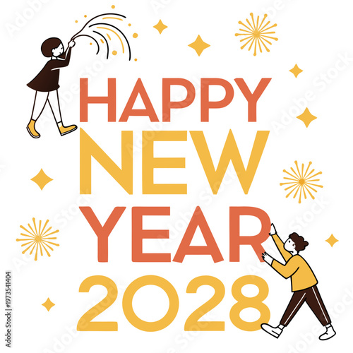 A cheerful illustration depicts two figures celebrating the new year with bright fireworks and a large happy new year 2028 text