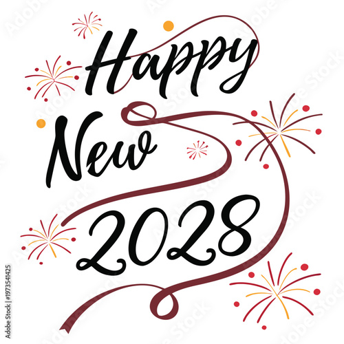 A vibrant graphic displays the words happy new year 2028 embellished with festive fireworks and swirling red decorative elements
