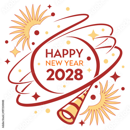 A vibrant graphic displays happy new year 2028 surrounded by festive elements like fireworks and a party horn high quality