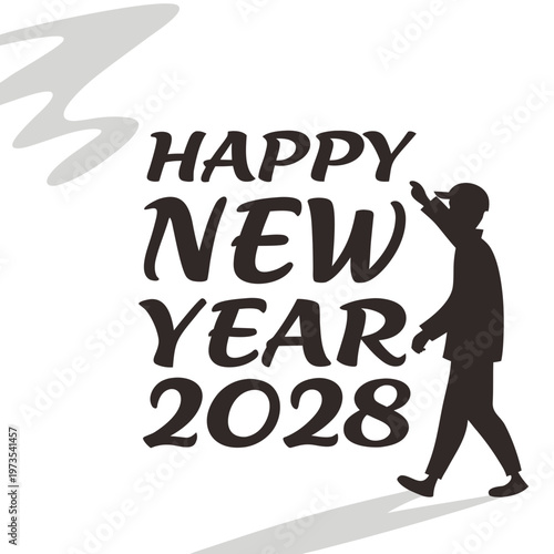 A silhouetted man gestures towards boldly displayed happy new year 2028 text against a clean white backdrop high quality professional