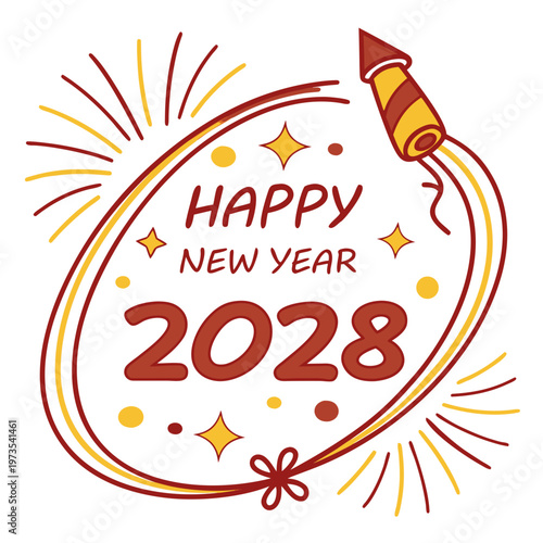 A vibrant hand drawn illustration conveys new year wishes with a rocket sparkling elements and the year 2028 prominently displayed