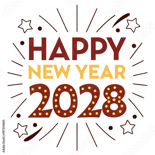 A vibrant graphic displays happy new year 2028 with starbursts and radiating lines celebrating the upcoming year high quality professional