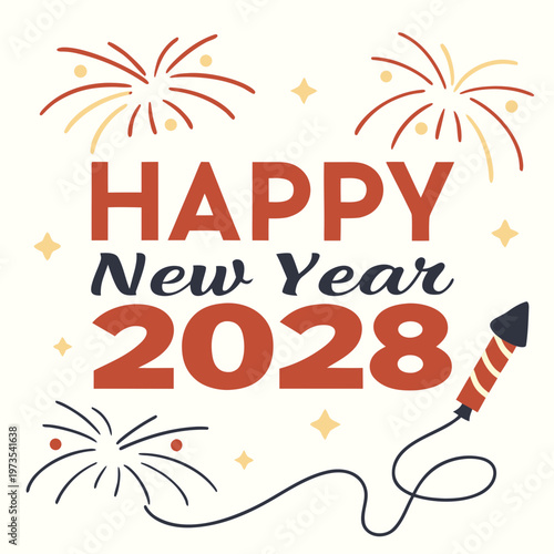A vibrant illustration displays happy new year 2028 with celebratory fireworks and a festive rocket conveying joyful wishes high quality