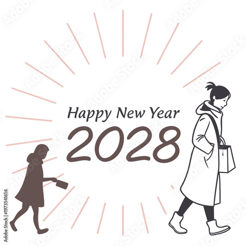 A minimalist illustration depicts two figures walking towards the new year 2028 with a radiant burst of light high quality