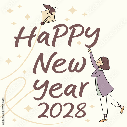 A cheerful illustration depicts a young woman reaching for a paper lantern with happy new year 2028 written above