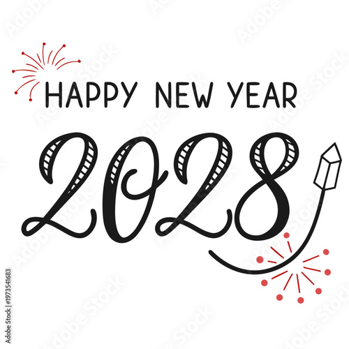 A festive new year graphic displays the year 2028 in bold lettering accompanied by celebratory fireworks and decorative elements