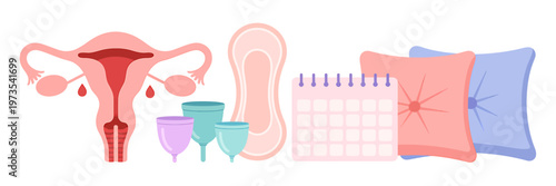 Female reproductive system and menstrual hygiene products on white background