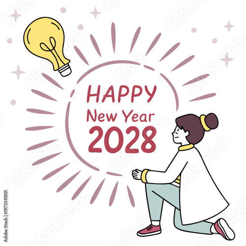 A young woman kneels looking up at a glowing lightbulb with a happy new year 2028 message high quality professional