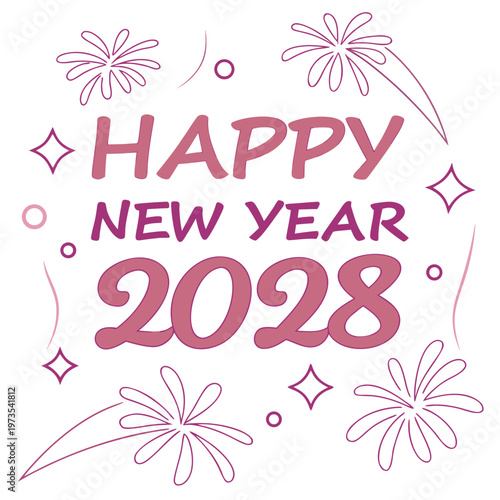 A festive illustration displays happy new year 2028 in stylized pink lettering adorned with celebratory flourishes and sparkles high quality