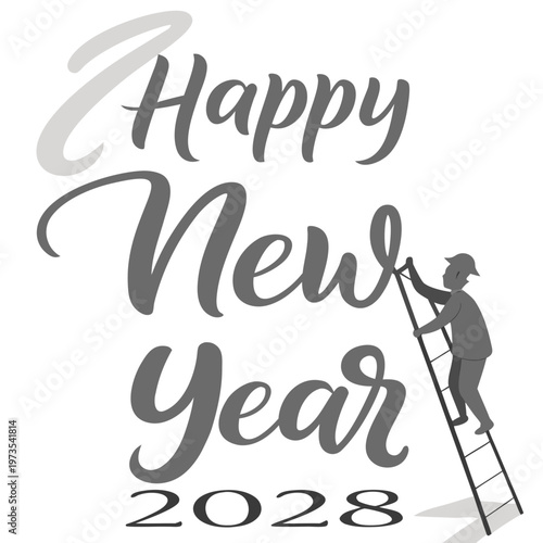 A stylized illustration features the text happy new year 2028 with a silhouetted figure climbing a ladder high quality professional