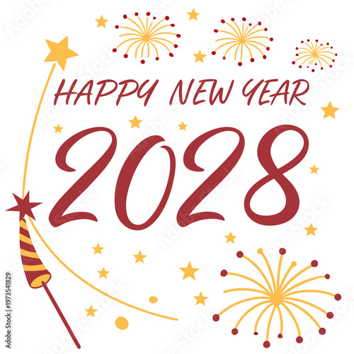 A vibrant graphic announces happy new year 2028 with fireworks stars and a festive sparkler celebrating the upcoming year