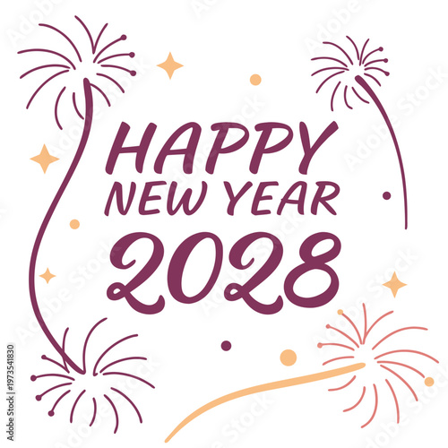 A vibrant illustration displays happy new year 2028 with stylized fireworks and celebratory ornaments in shades of purple and gold