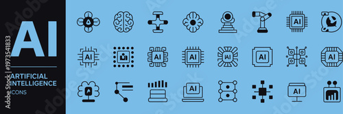 Artificial intelligence icon collection thin line set containing ai architecture brain robotics machine learning ai technology algorithm and more simple web icons.