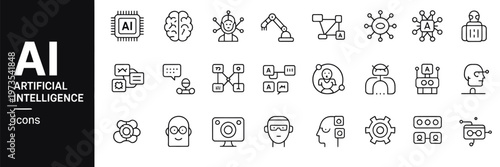 Artificial intelligence icon collection thin line set containing ai architecture brain robotics machine learning ai technology algorithm and more simple web icons.