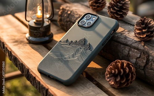 A gray phone case with a mountain design on a wooden table