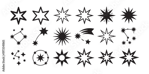 Set of star icons for review and rating system in black color on white background vector illustration.