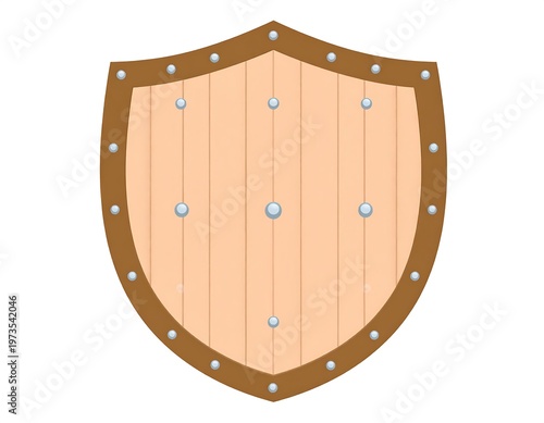 An illustration of a wooden shield with a brown border and silver studs, featuring vertical wooden planks