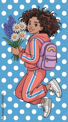 A girl in a peach tracksuit holding flowers