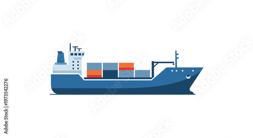 Large blue cargo ship with containers.