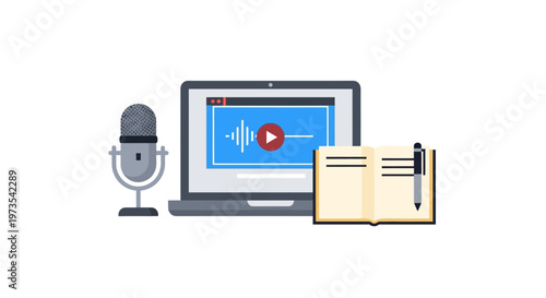 Laptop with video and microphone setup.