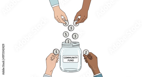 Hands putting coins into community fund.