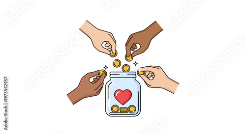 Hands putting coins into heart jar.