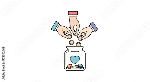 Hands putting coins into heart jar.