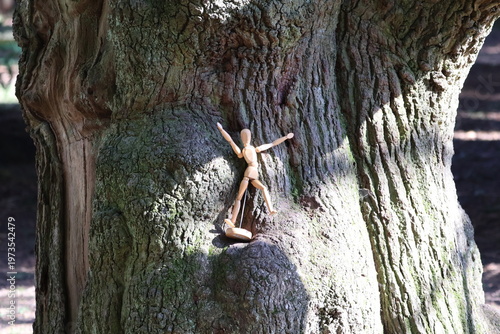 wooden mannequin in the woods.