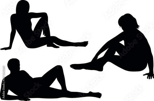 Collection of human silhouettes sitting and reclining in relaxed poses isolated on white background casual posture vector illustration set