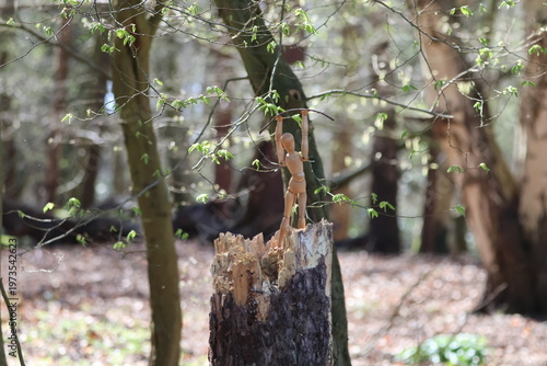 wooden mannequin in the woods.