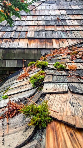 Close-up view showcases a weathered wooden shingle roof, with vibrant green moss and fallen autumn foliage adding texture