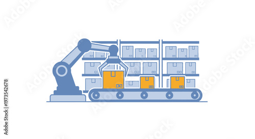 Industrial robotic arm loading boxes.