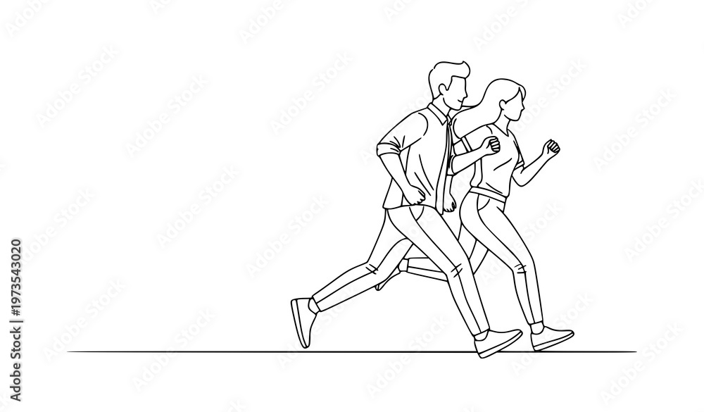 Fototapeta premium Minimalist line art illustration of man and woman running chasing goal simple outline people vector design