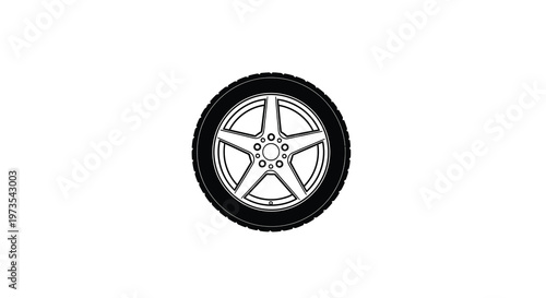 Black and white illustration of a single car wheel with a detailed rim