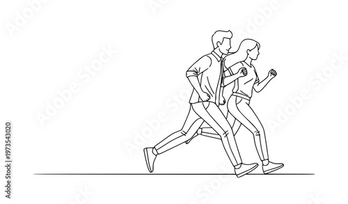 Minimalist line art illustration of man and woman running chasing goal simple outline people vector design