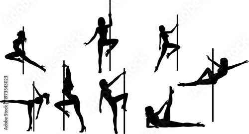 Collection of pole dance silhouettes women performing acrobatic poses isolated on white background fitness, flexibility and performance art vector set