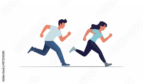 Flat cartoon illustration of man and woman running fast chasing opportunity dynamic casual people vector characters