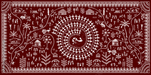Vector illustration traditional Warli tribal art from India. White village figures, huts, trees and decorative border on a deep maroon background. Ethnic folk design